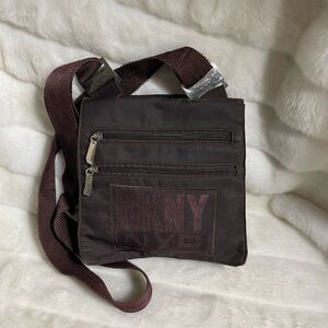 DKNY Brown Nylon small crossbody bag with silver tone accents and hardwares